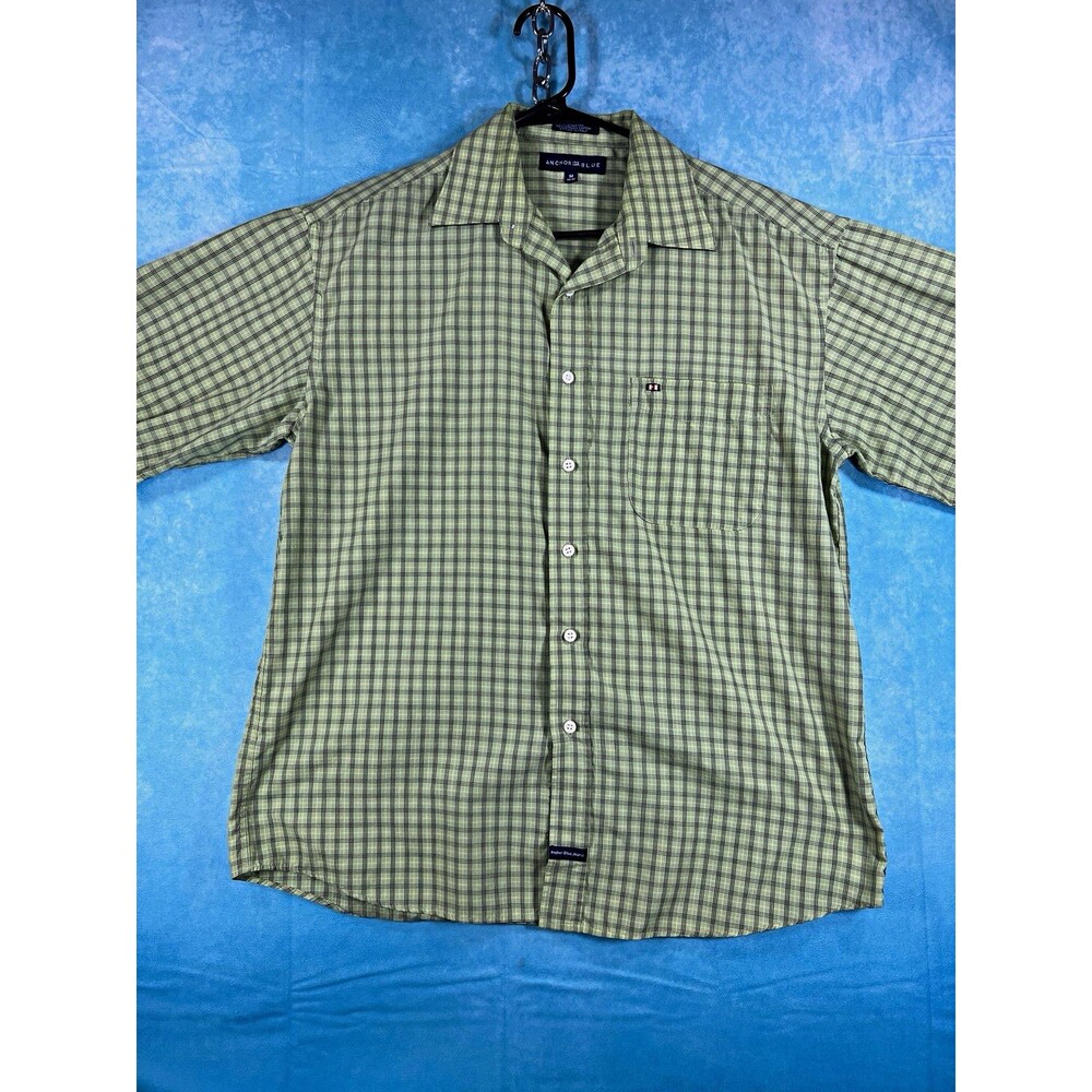 Vintage VTG Anchor Blue Men's M Green/Gray Plaid Button-Up Shirt w/ Pockets
